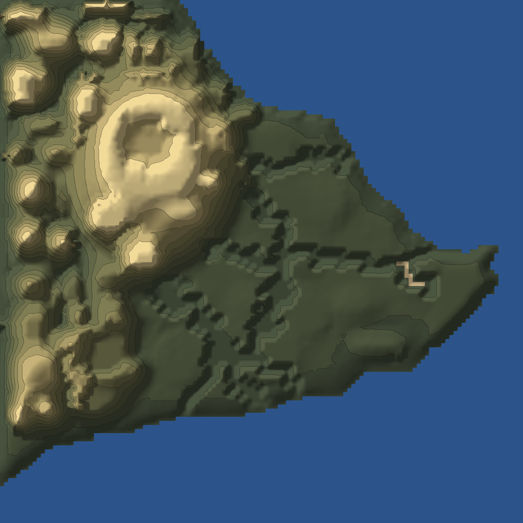 Relief map of Land of the Giants from the game's terrain data, with 15 numbered structures, 0 containers and 14 treasure spawns.