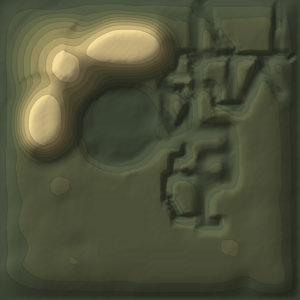 Relief map of The Shoals from the game's terrain data, with 12 numbered structures, 1 containers and 28 treasure spawns.